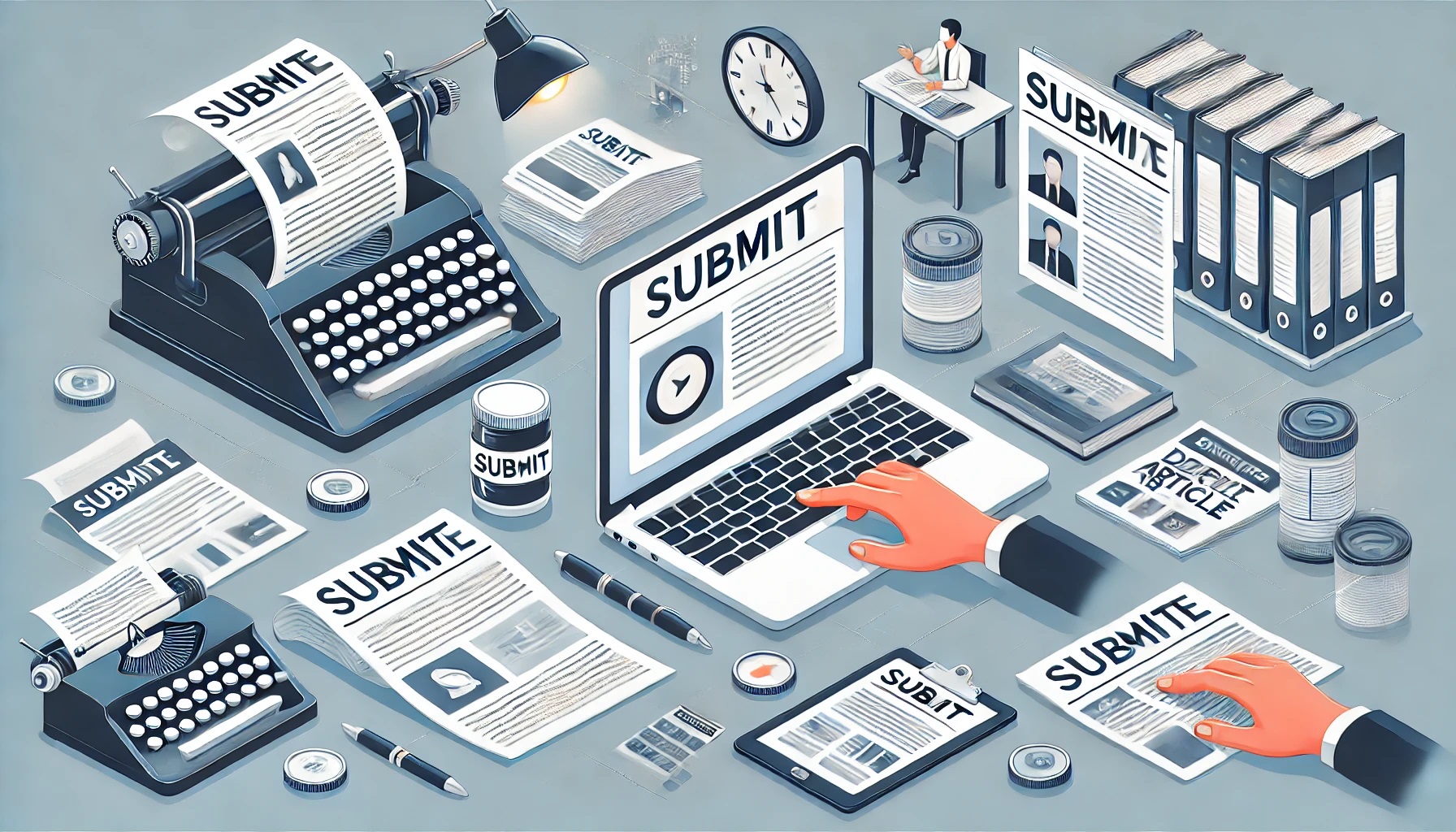 DALL·E 2024-06-23 22.11.27 - A series of images depicting the process of article submission and publication. The scenes include_ 5. A person clicking a submit button on a laptop s.jpg